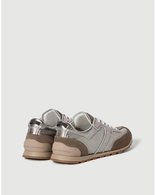 Brunello Cucinelli White Lamé Calfskin And Suede Runners With Shiny Loop