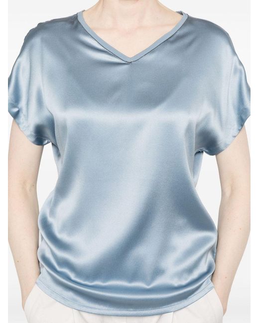 Brunello Cucinelli Blue V-Neck Short Sleeve Top
