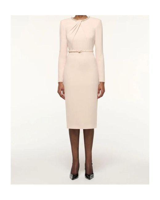 Roland Mouret Natural Twisted Drape Pearl-Trim Dress