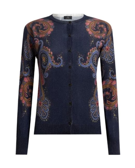 Etro Blue Silk And Cashmere Cardigan With Placed Paisley Print