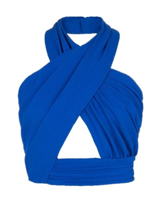 Balmain Blue Ruched Halter Neck Crossover Top