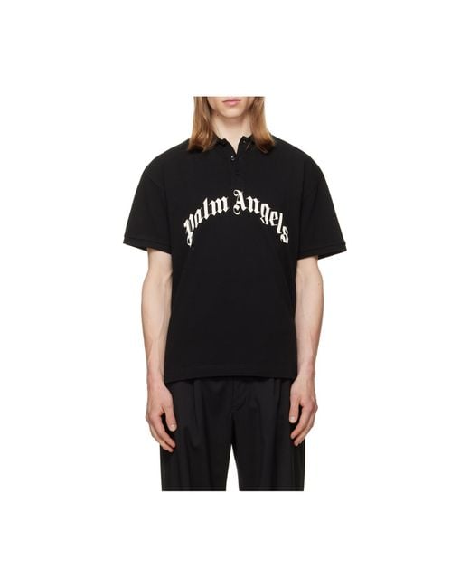 Palm Angels Black Curved Logo Polo Shirt for men