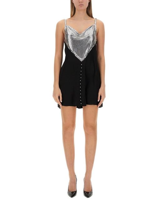 Rabanne Black Chainmail Panelled Cowl-Neck Mini Dress