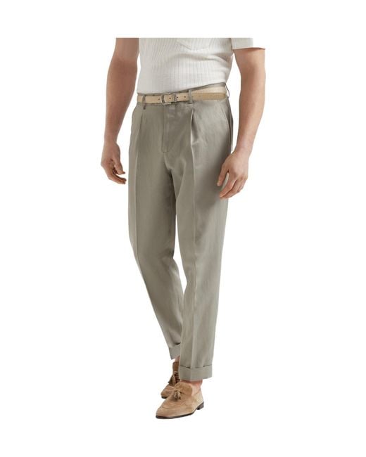 Brunello Cucinelli Natural Pleat-Detailing Straight Trousers for men