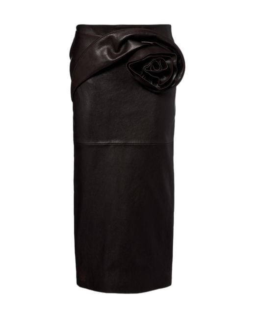Magda Butrym Black Floral-Appliqué Leather Midi Skirt