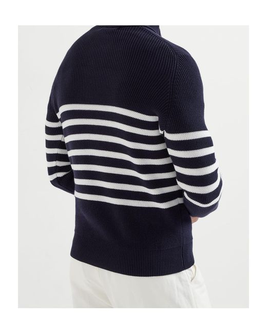 Brunello Cucinelli Blue Half-Zip English Rib Striped Jumper for men