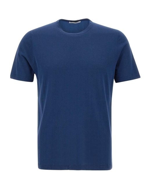 Kangra Cashmere Blue Kangra Crew Neck Cotton T-Shirt for men
