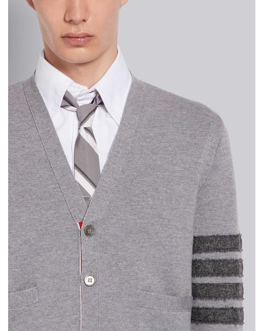 Thom Browne Gray 4-Bar V-Neck Shetland Wool Cardigan for men