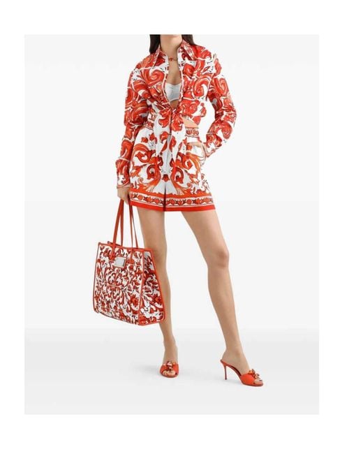 Dolce & Gabbana Red Majolica-Printed Bermuda Poplin Shorts