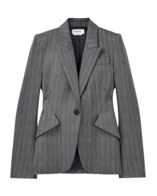 McQueen Gray Herringbone Single-Breasted Jacket