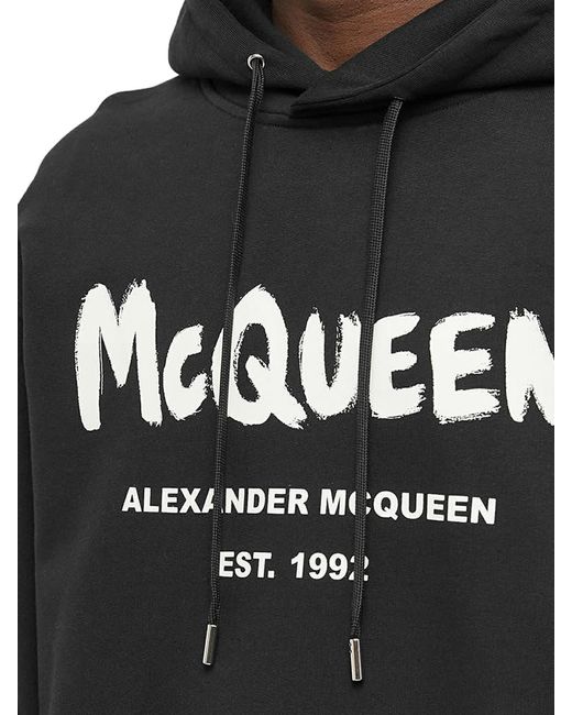 McQueen Black Logo Printed Drawstring Hoodie for men