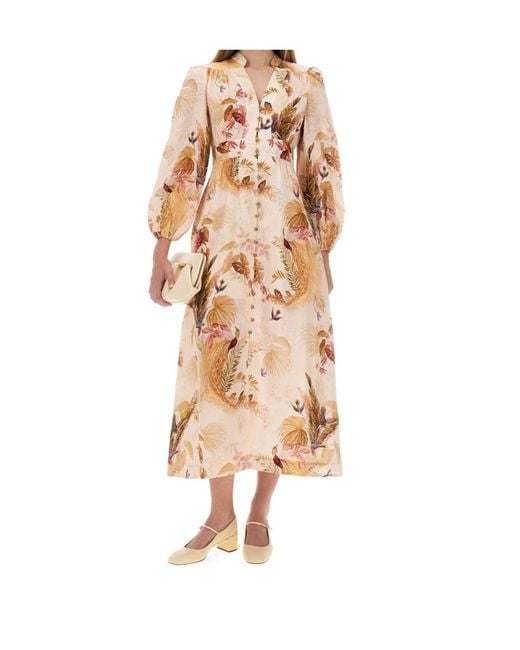 Zimmermann Natural Floral Printed V-Neck Long Dress