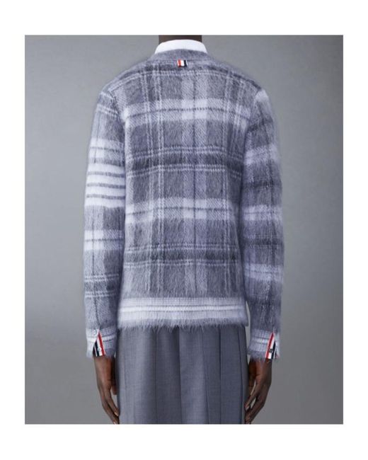 Thom Browne Blue Textured Tartan Pattern Cardigan for men