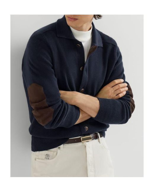 Brunello Cucinelli Blue Cashmere Cardigan With Shirt-Style Collar And Buttons for men