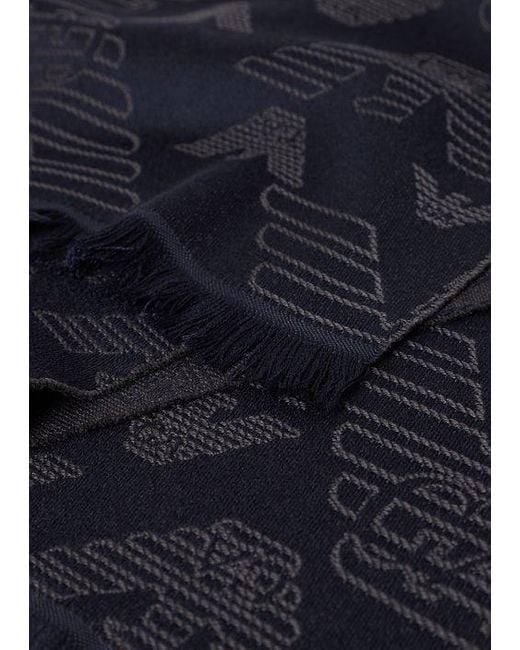Emporio Armani Blue Logo Embroidered Frayed Edge Knitted Scarf for men