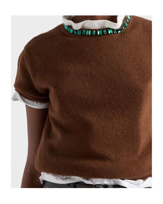 Prada Brown Embellished Short Sleeved Jumper
