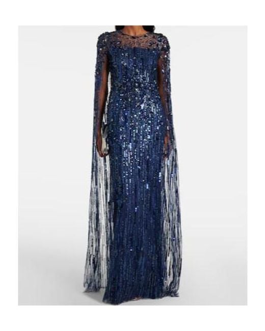 Jenny Packham Blue Ruby Sequined Caped Gown