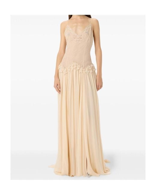 Blumarine White Chantilly Lace And Georgette Long Dress