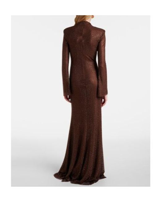 Self-Portrait Brown Crystal-Embellished Mesh Gown