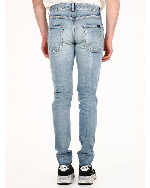 Saint Laurent Blue Distressed Skinny-Fit Denim Trousers With Belt Loops for men