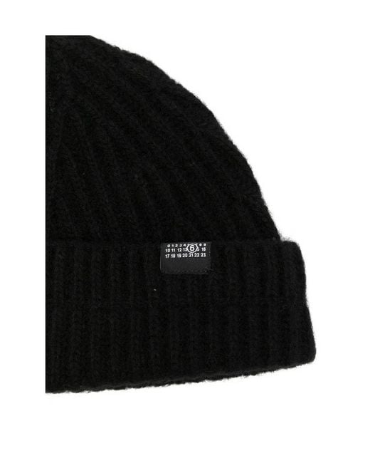 MM6 by Maison Margiela Black Logo Patch Ribbed Beanie for men