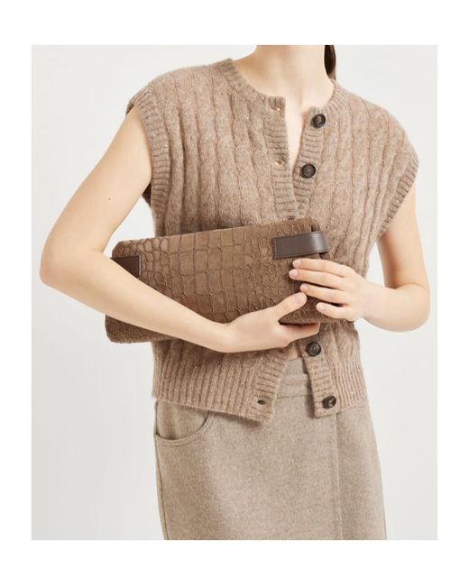 Brunello Cucinelli Brown Essence Embossed Clutch Bag