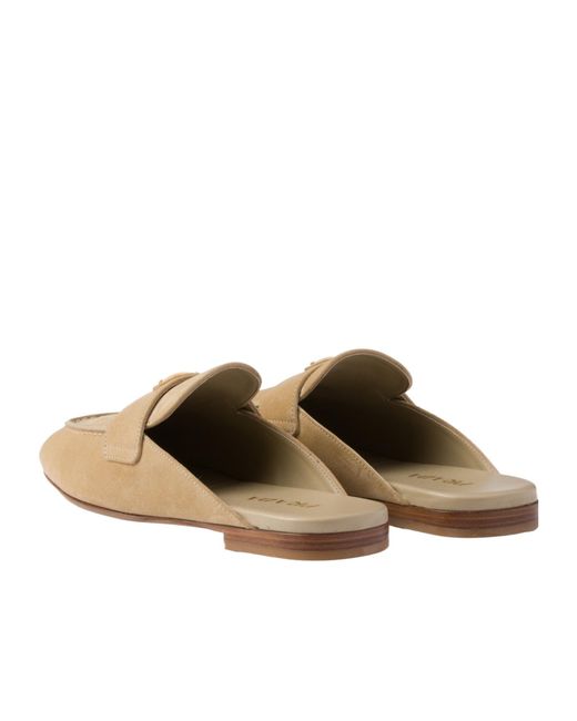 Prada Brown Logo Plaque Almond Toe Mules