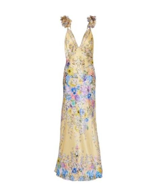 Camilla Metallic Embellished Floral Ruffled Silk Satin Maxi Dress