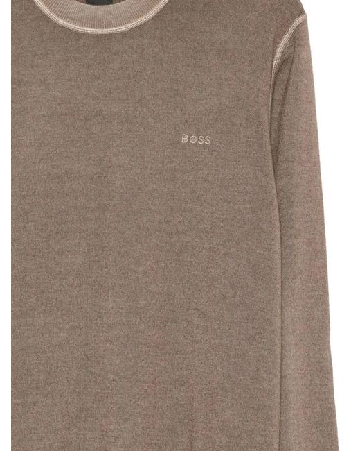 Boss Brown Crew-Neck Virgin-Wool Sweater for men