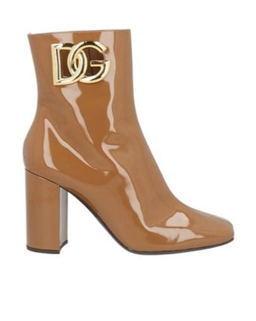 Dolce & Gabbana Brown Square-Toed Patent Leather Ankle Boots