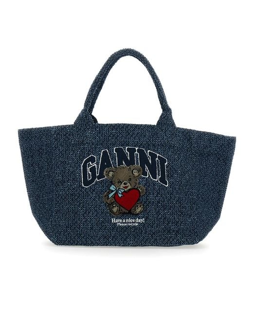 Ganni Blue Bear Denim Medium Tote Bag
