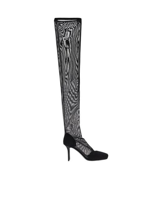 Courreges Black Square-Toe Mesh Thigh Boots