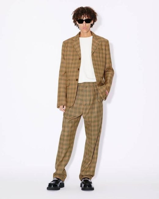 KENZO Natural Logo Patch Checked Pleated Tailored Trousers for men