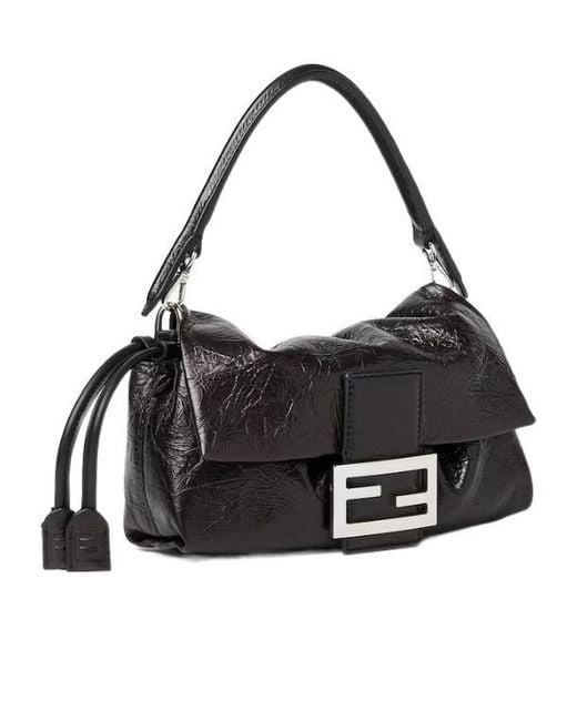 Fendi Black Baguette Soft Small Crackled Leather Mini-Bag