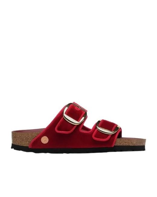 Birkenstock Red Arizona Big Buckle Piping Rivet Logo