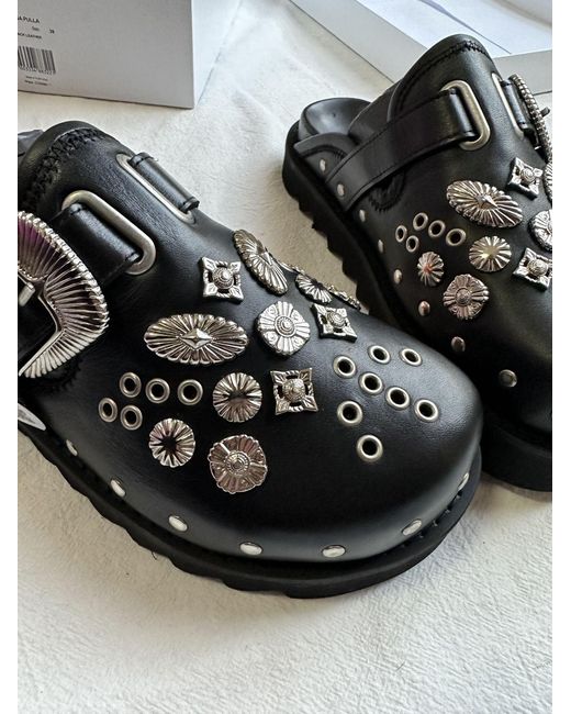 Toga Black Sabot Eyelet-Embellished Leather Mules