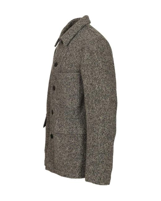 Dries Van Noten Gray Tweed Herringbone Patterned Coat for men
