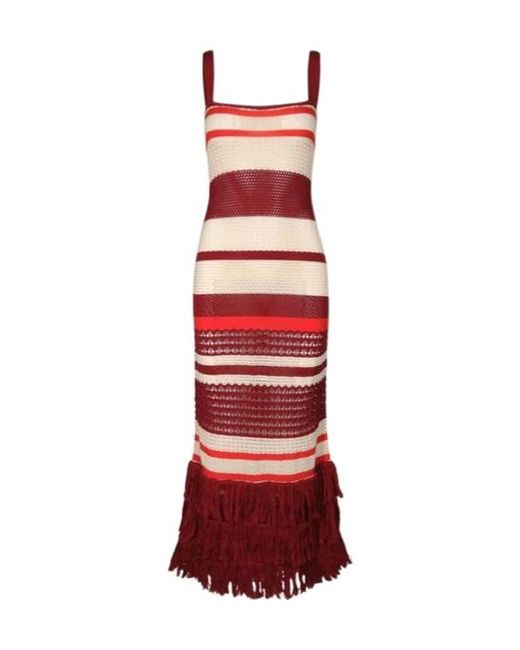 Johanna Ortiz Red Embayed Fringe Midi Dress