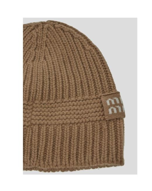 Miu Miu Brown Ribbed Logo Beanie Hat