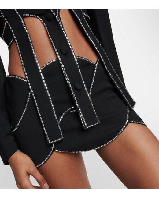 Area Black Latticed Embellished Wool Miniskirt