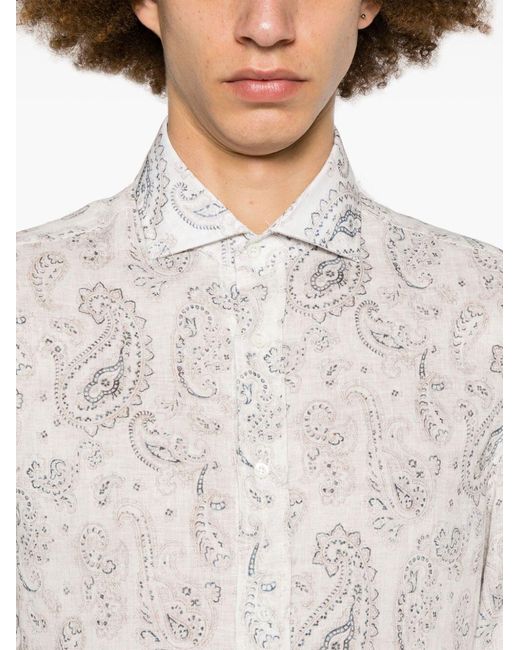 Brunello Cucinelli White Paisley-Printed Long Sleeevd Shirt for men