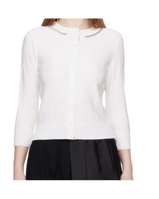 Thom Browne White Bobble Stitch Lace Trim Cardigan