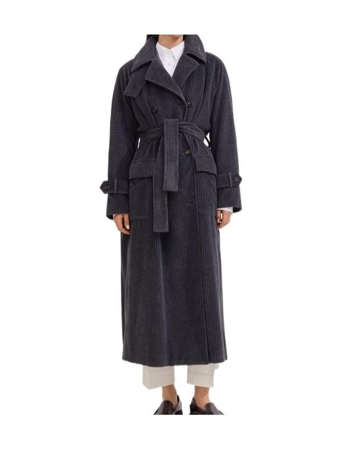 Brunello Cucinelli Blue Corduroy Belted Double Breasted Coat