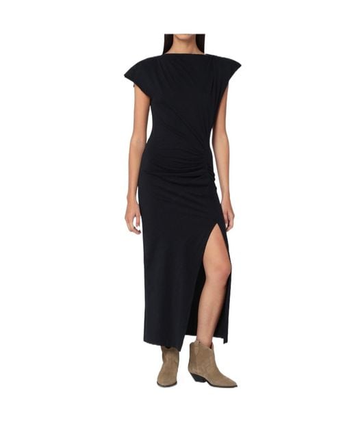Isabel Marant Black Shoulder-Pad Side-Slit Maxi Dress