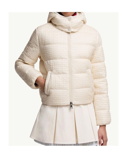 Moncler Natural Gisors Geometric-Quilted Hooded Short Down Jacket