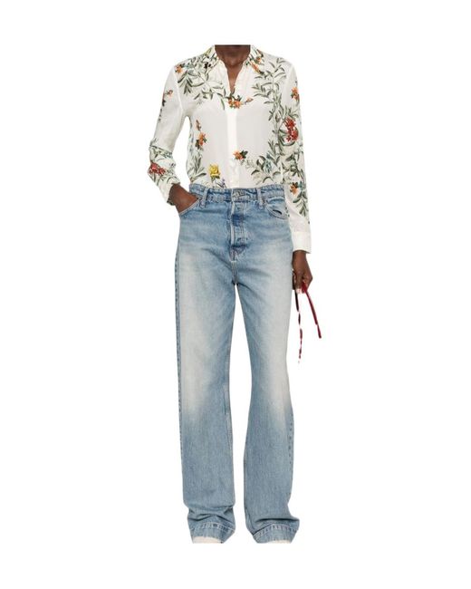 Alice + Olivia White Floral-Print Silk-Blend Shirt
