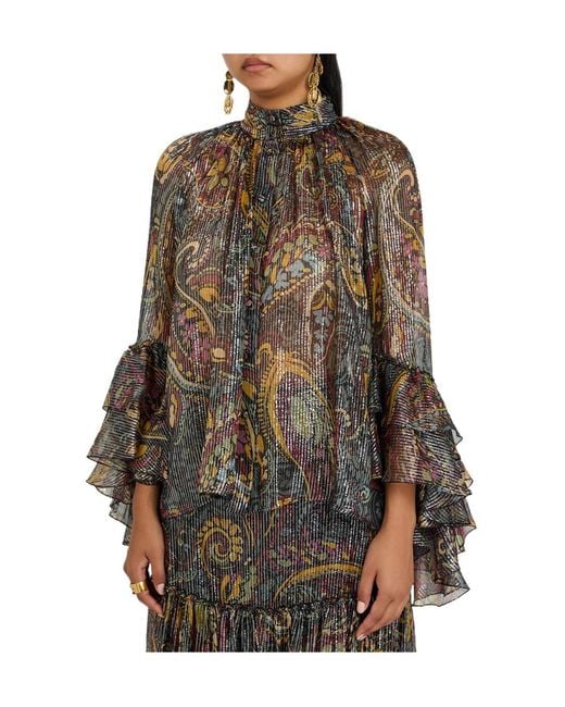 Etro Brown Printed Metallic-Silk Shirt