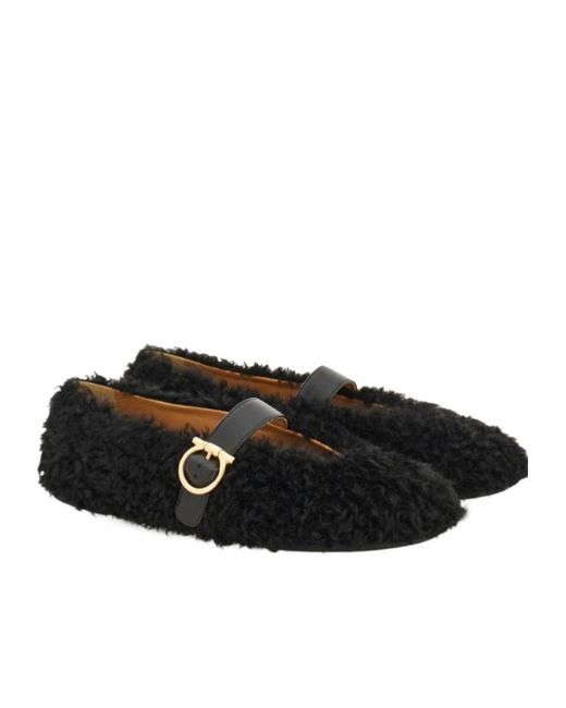 Ferragamo Black Buckle-Fastening Shearling Lace-Up Shoes