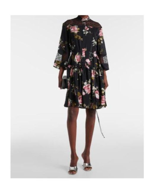 Erdem Black Floral Silk Crêpe De Chine Minidress