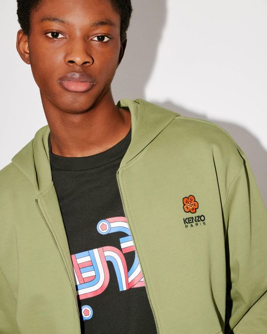 KENZO Green Hooded Zipped 'Boke Flower' Crest Jumper for men